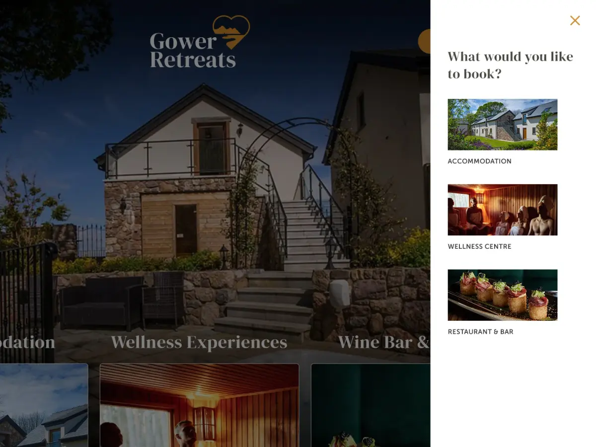 The slide-in booking panel: accommodation, wellness centre, and restaurant and bar