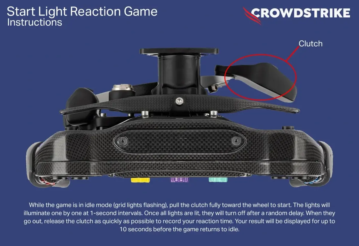 Branded instruction card for the stand, showing the sim wheel from above with the clutch paddle circled, and how to play