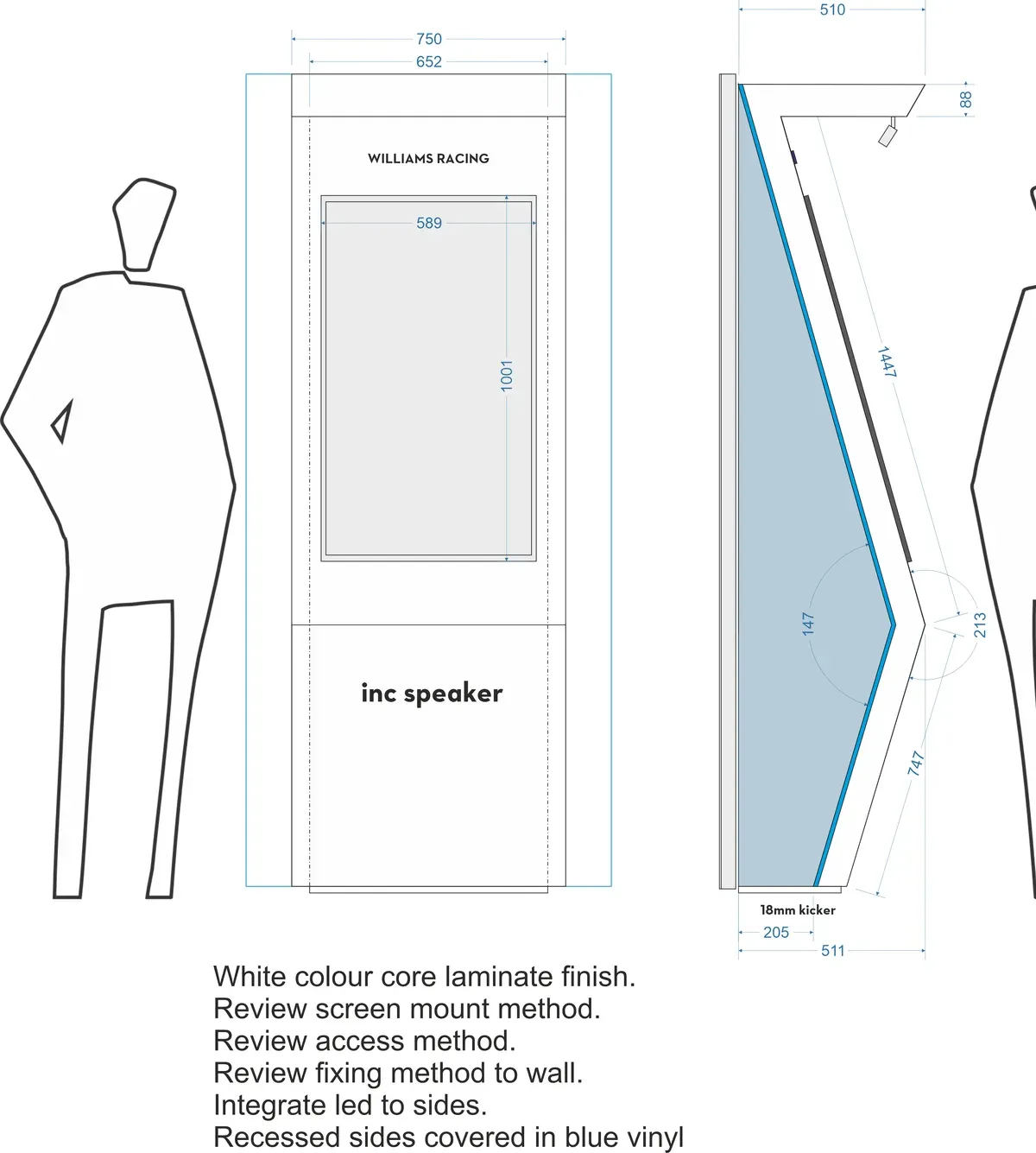 Front and side drawings of the kiosk: a portrait screen in a white leaning unit with an integrated speaker and LED edges